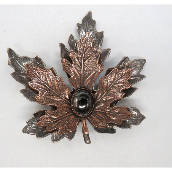 Maple Leaf Brooch 2" Pin Imitation Hematite Center Copper Silver Tone Metals - Picture 5 of 12